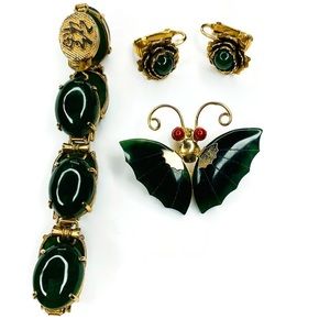 Vintage Dark Green Jade Bracelet Earring & Brooch